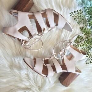 NWT Coach Larissa Lace Up Block Heel Leather Sandals Cream Chalk Size 8